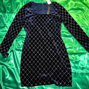 Dark blue velvet dress with silver diamond glitter pattern NWT